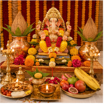 Mool Shanti Puja AI image in Bangalore - Completed Mool Shanti altar with Ganesh, kalash and lamps.